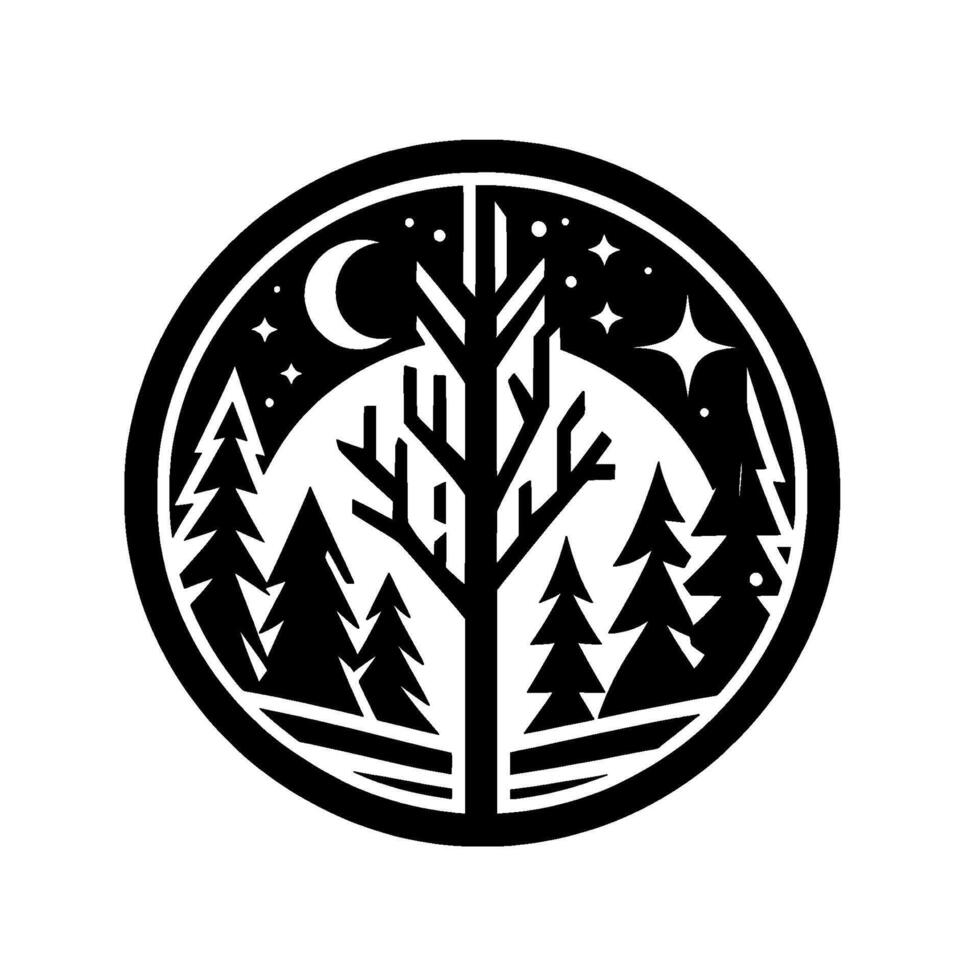 Stylized Black and White Circular Illustration of Forest Scene with Bare Tree, Pines, Crescent Moon, Stars, and Night Sky. vector
