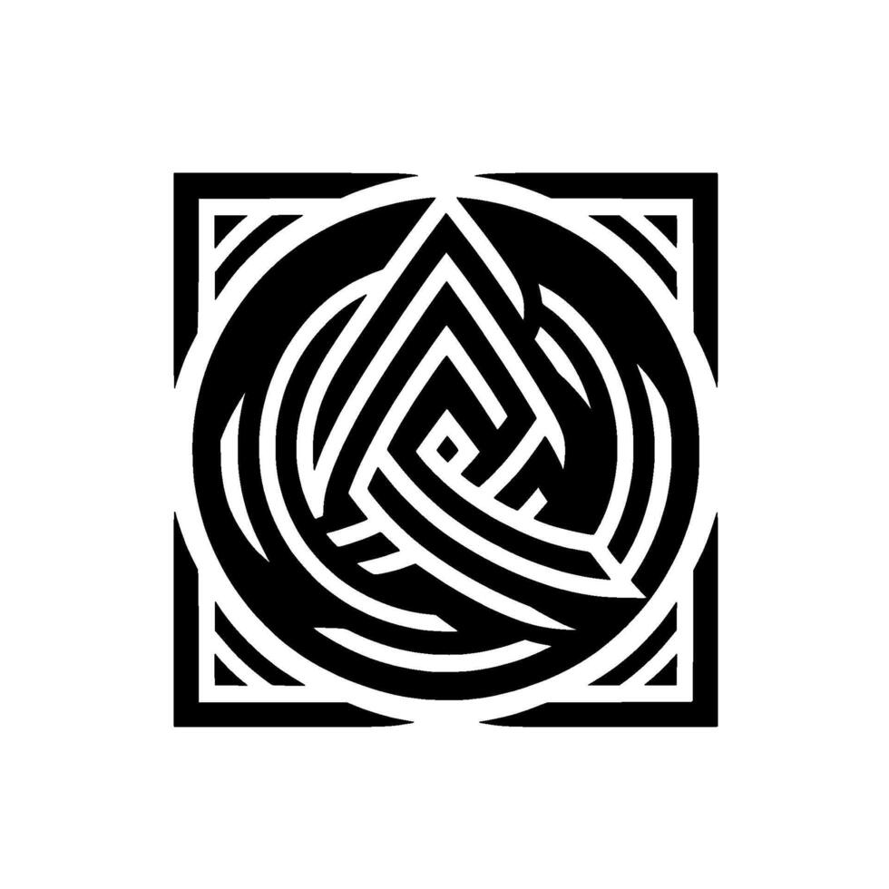 Geometric Illusion Intricate black and white pattern featuring a nested triangle within concentric circles and a square frame, creating depth and visual complexity. vector