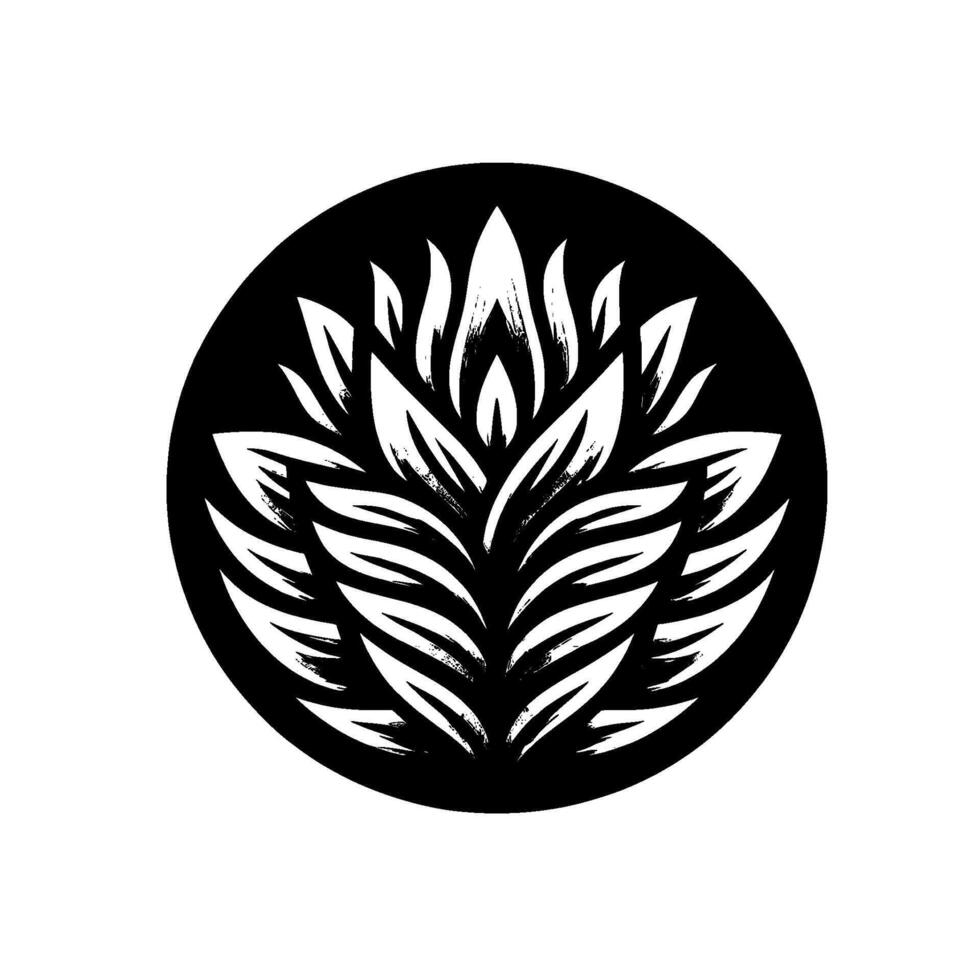 A stylized, grayscale featuring an intricate, symmetrical floral arrangement encapsulated within a black circular frame, evoking a sense of elegance. vector