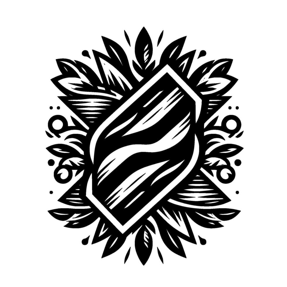 Abstract Black and White Illustration A stylized shieldlike shape framed by leaves and ornamental flourishes, evoking a sense of modern . vector