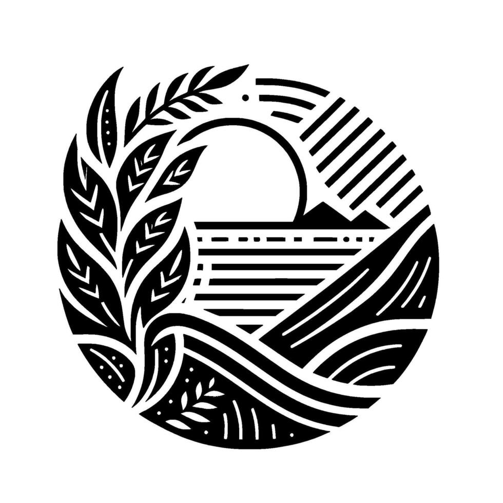 Minimalist Black and White Circular Landscape Illustration Featuring Sun, Mountains, Water, and Foliage, Nature Inspired . vector