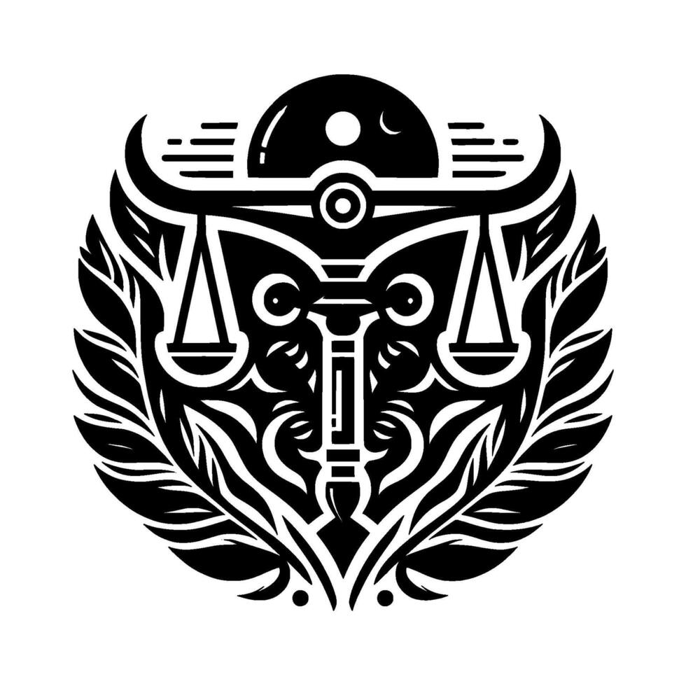 Ornate Black White Symbol Scales of Justice Crowned by a Celestial Sphere, Encircled by Laurel Wreath. vector