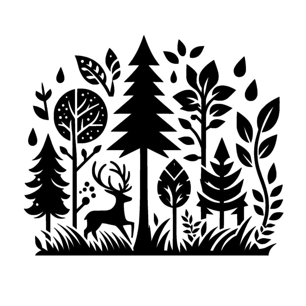 Silhouetted Forest Scene with Deer A Black and White Stylized Illustration of Trees, Plants, and Rainfall. vector