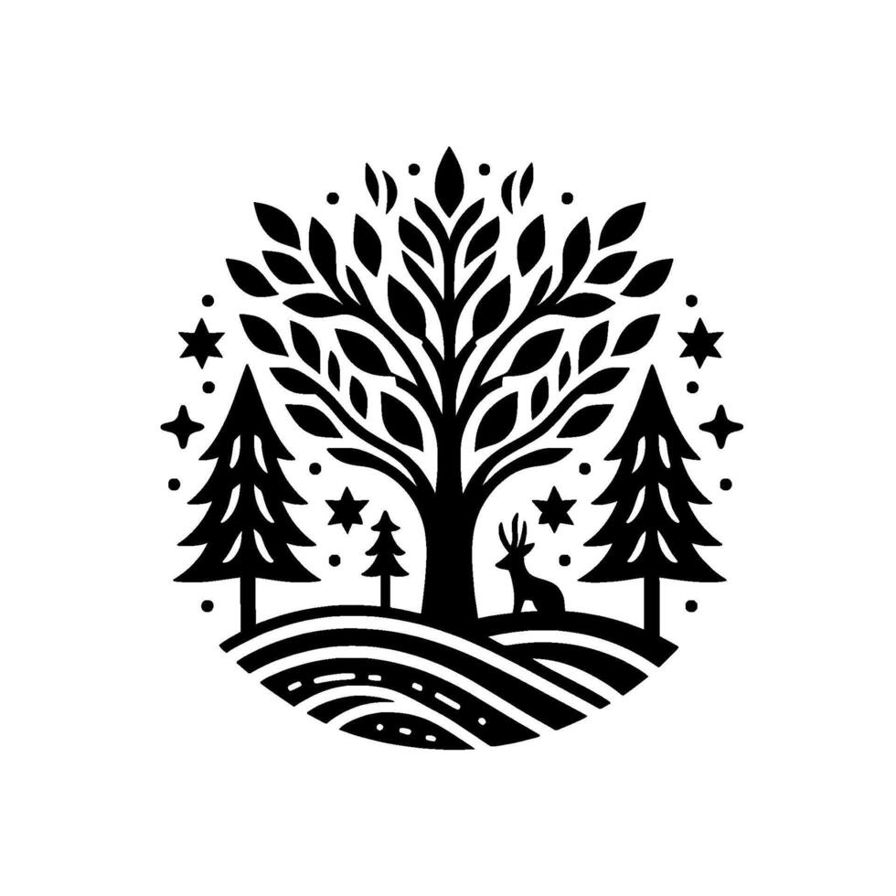 Intricate black and white illustration within a circular frame, depicting a serene forest scene with a large tree, deer, firs, hills, and starry sky. vector