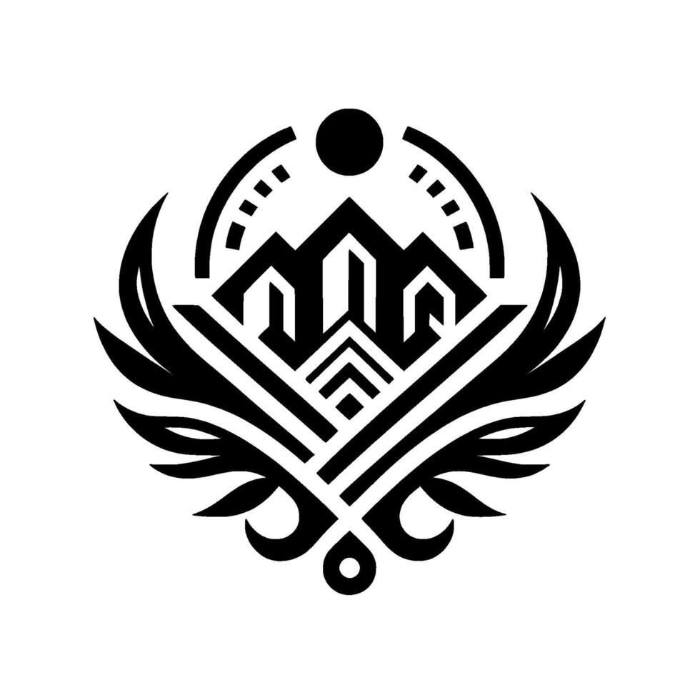 Ornate Geometric Black White Emblem Architectural Mountain Peaks, Circular Elements, and Floral Accents. vector