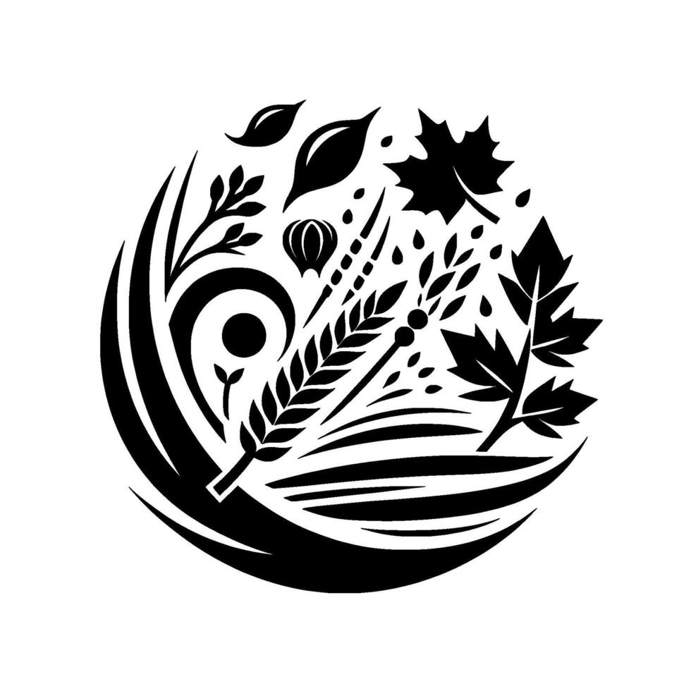 Black and White Circular Composition of Autumnal Elements Leaves, Wheat, Rain, and Plants. vector