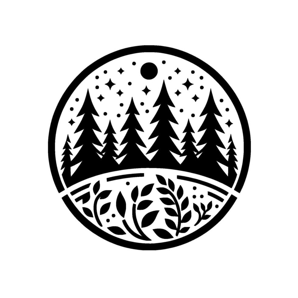 Circular Black and White Illustration of Forest Scene with Pine Trees, Moon, Stars, and Foliage, Nature Themed. vector