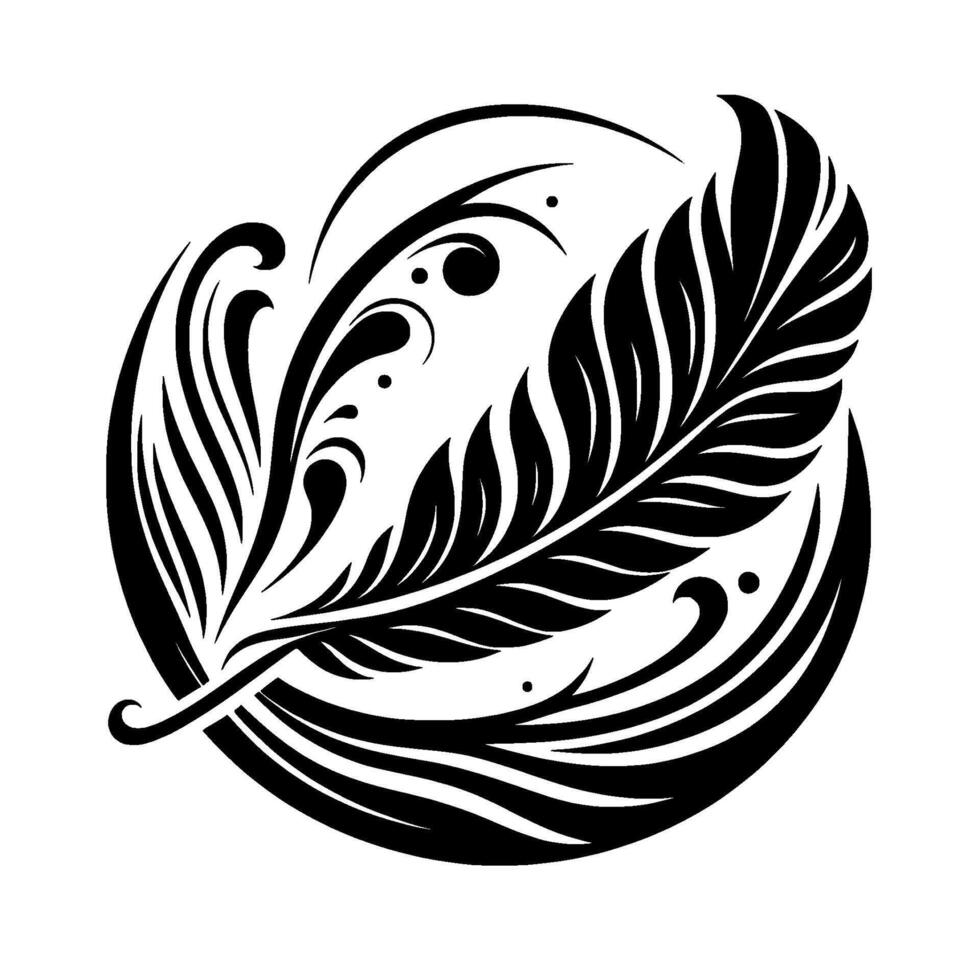 Artistic Black and White Feather with Decorative Elements in Circular Composition on White Background vector