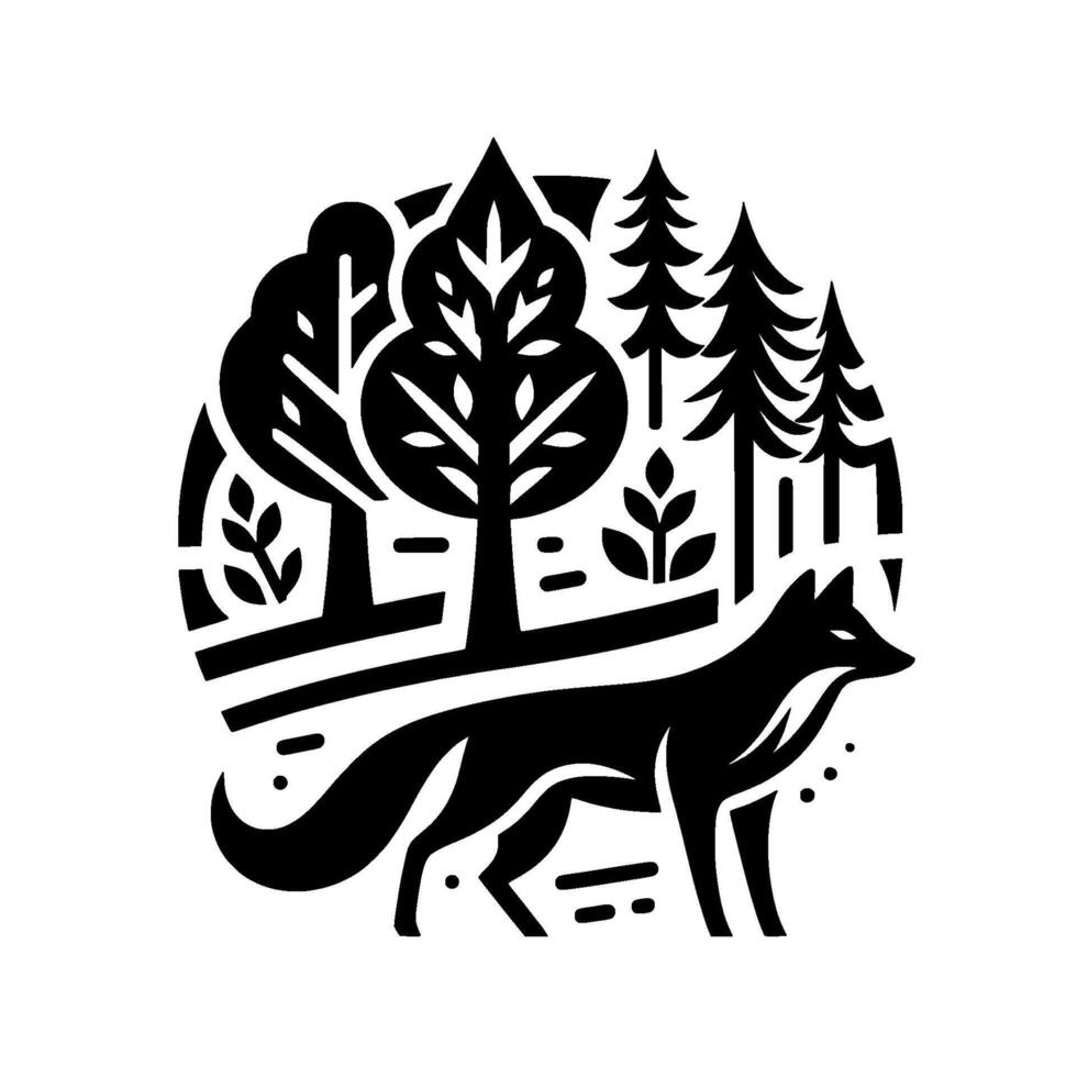 Black and white minimalist circular illustration of a fox in a stylized forest scene with trees and foliage. vector