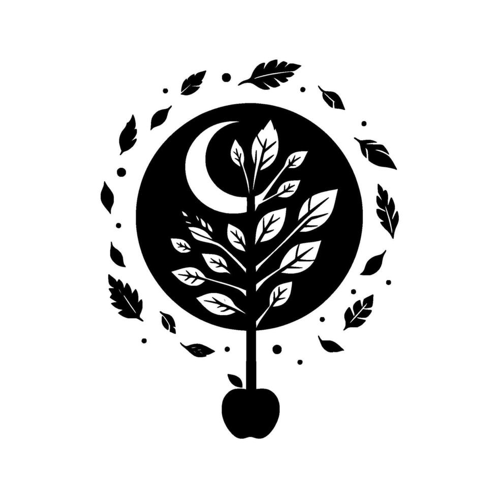 A minimalist, symmetrical illustration of a tree with leaves, a moon, and an apple, set within a circle, surrounded by falling leaves against a stark white background. vector