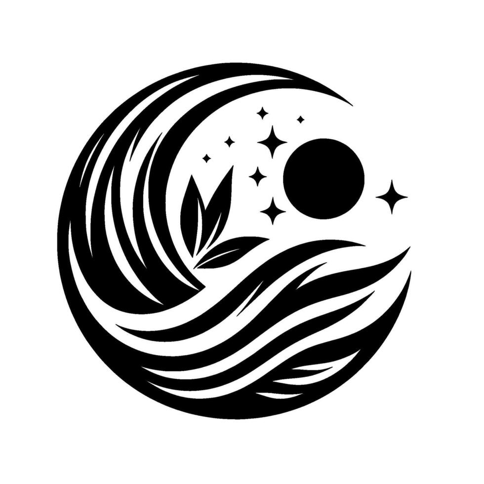 A harmonious black and white , a stylized circle depicting flowing waves, moon, stars, and a leafy element, representing balance and natures elegance. vector