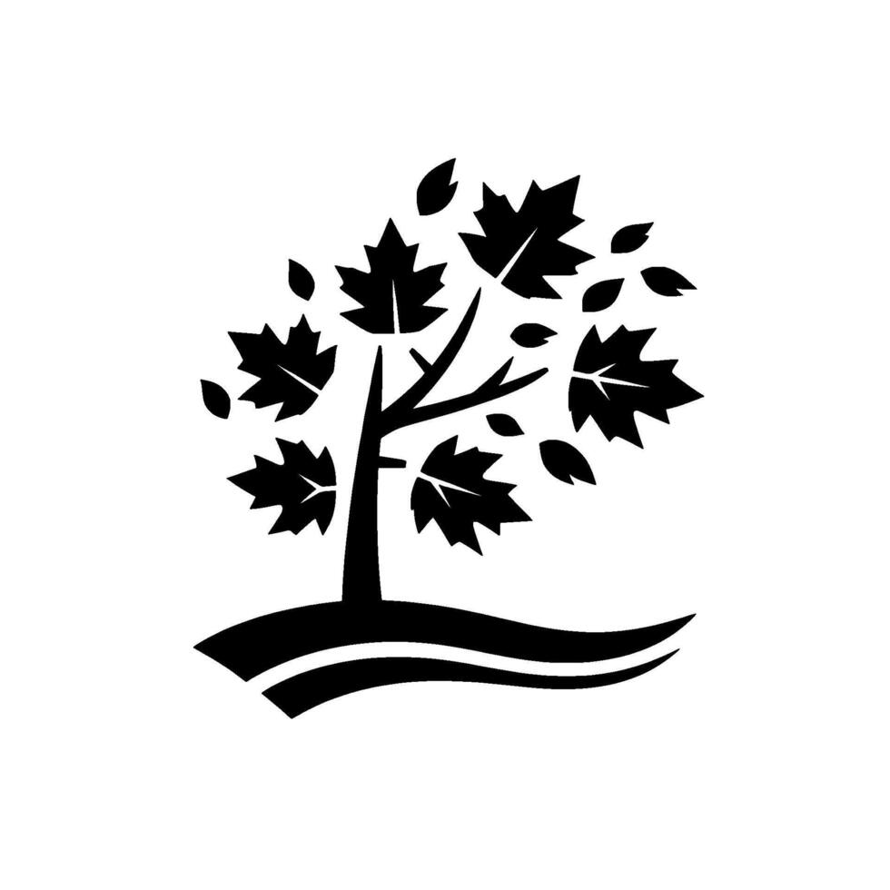 A minimalist black and white illustration of a stylized maple tree with falling leaves, set against a stark white background, conveying natures simplicity. vector