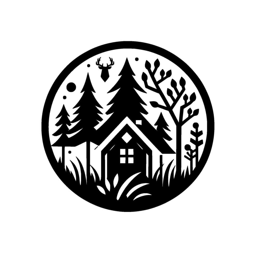 Circular Black White Silhouette of Cabin in Forest with Deer Antlers, Pines, Trees, Grass, and Stars. vector