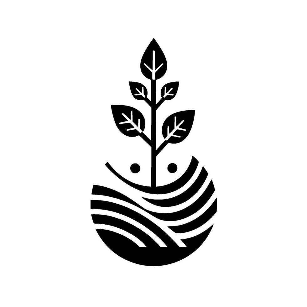 A minimalist, blackandwhite illustration of a sprouting plant within a stylized, curved pot featuring striped patterns, set against a white background. vector