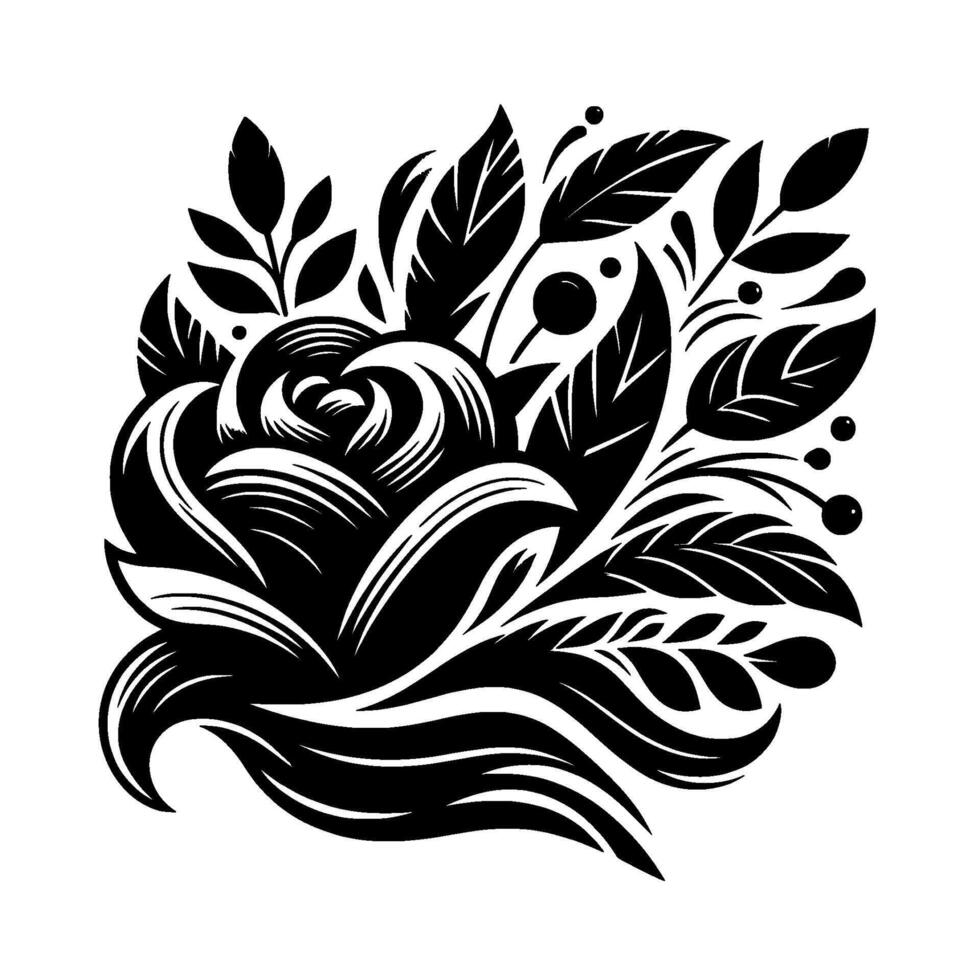 Intricate Black and White Floral A Stylized Rose and Leaf Arrangement, Emphasizing Contrast and Detailed Line Work, Against a Clean Background. vector