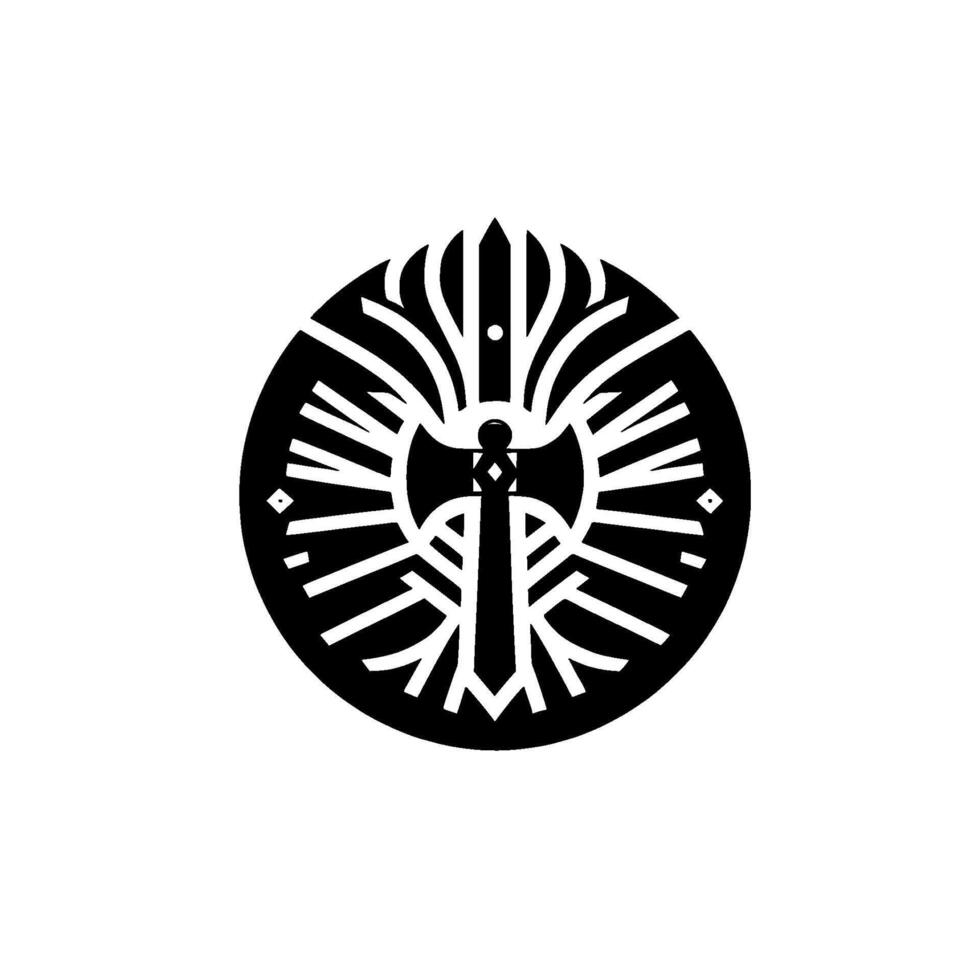 A stark, symmetrical emblem featuring a doublebladed axe at the center, framed by a circular with stylized rays and decorative elements, on a white backdrop. vector