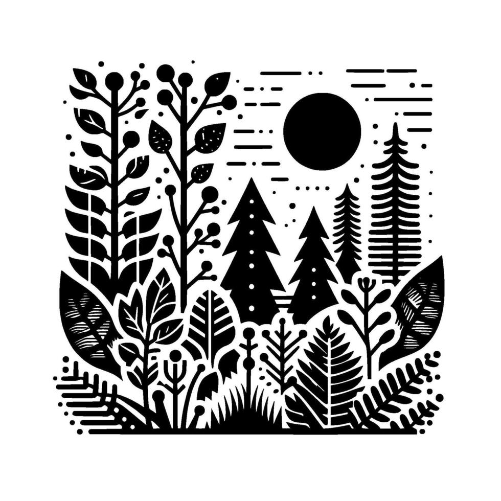 Stylized Black and White Forest Scene with Trees, Leaves, Berries, Sun, and a Textured, Detailed Aesthetic vector