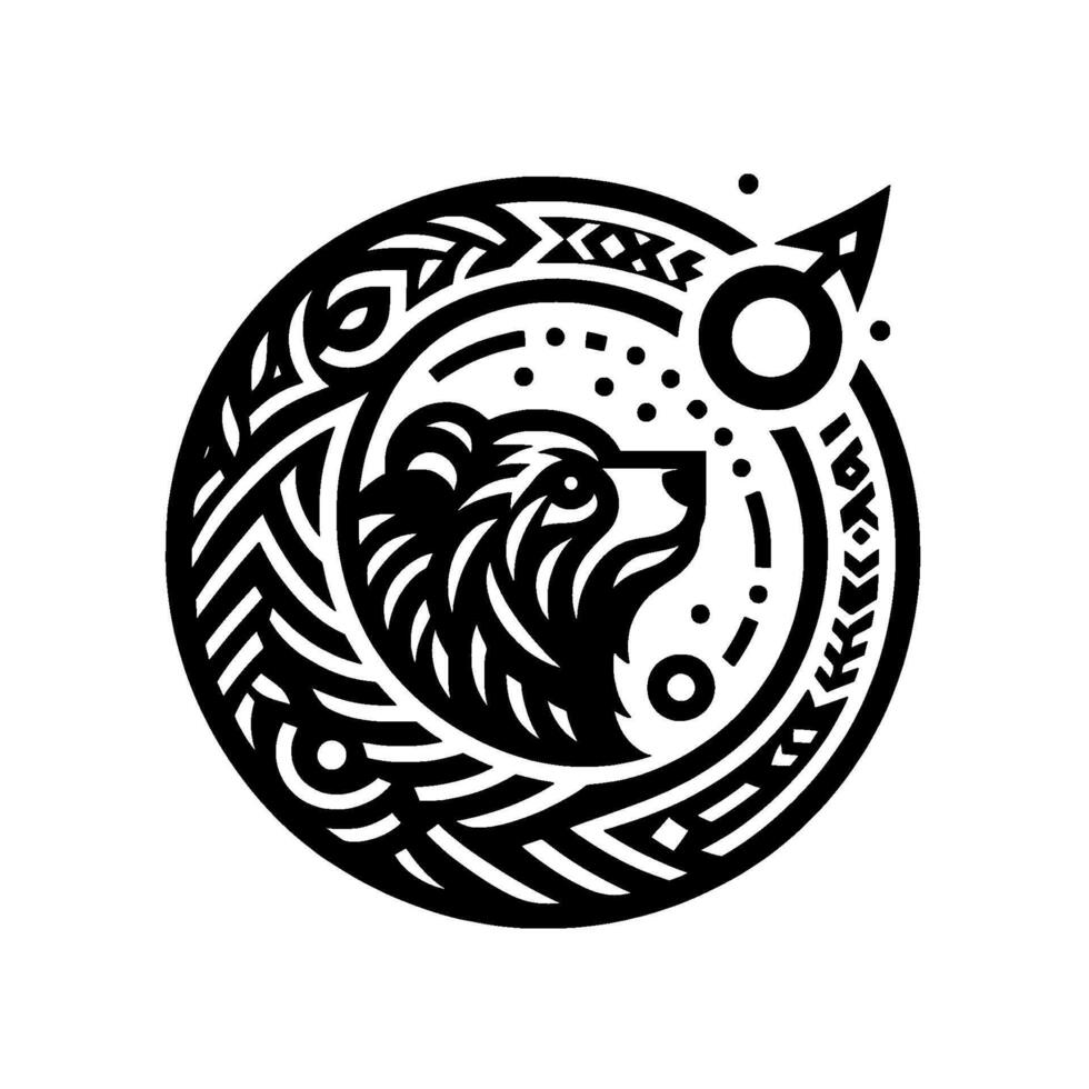 Black and white circular emblem featuring a stylized bear within an intricate geometric , accented with stars and arrowlike symbol. vector