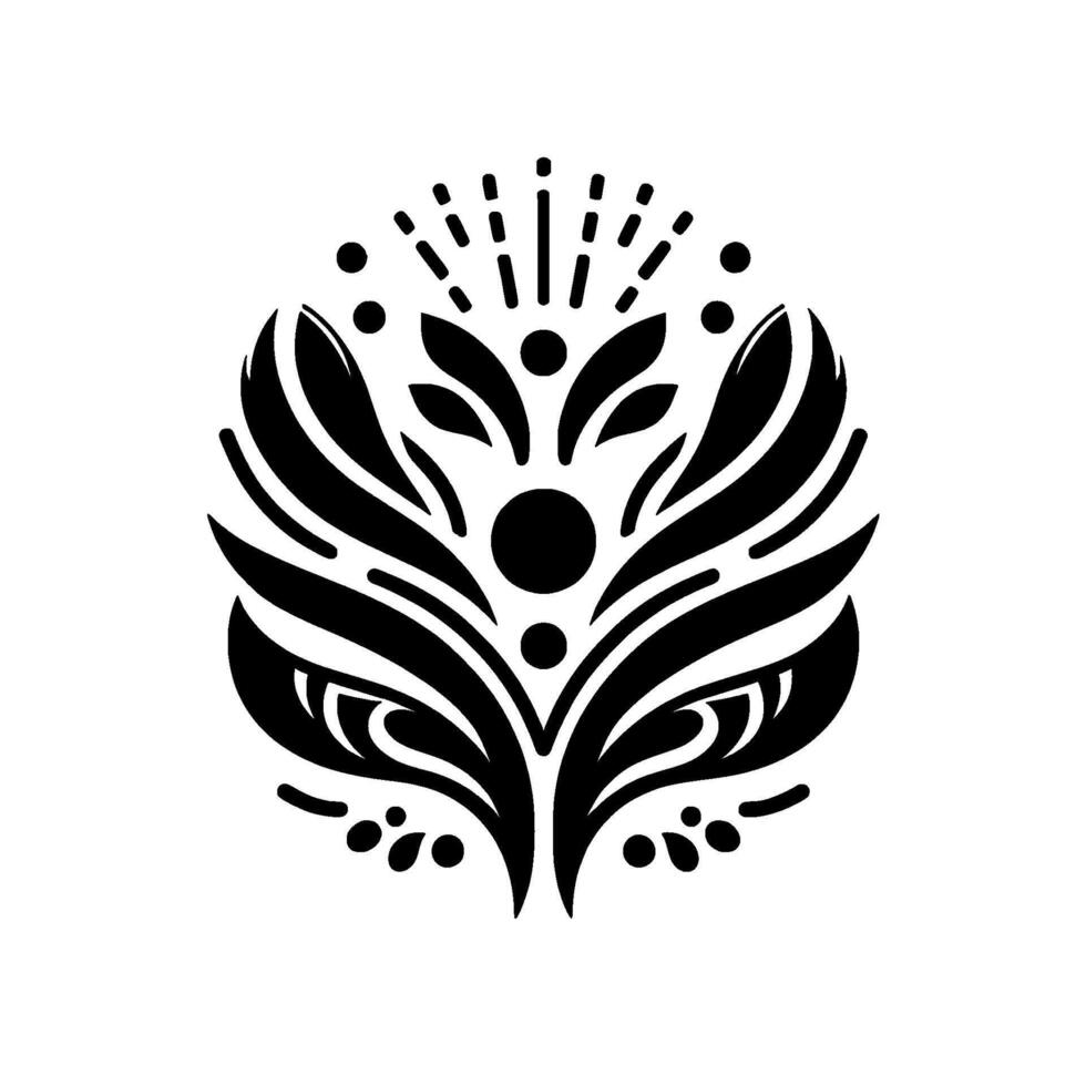 Black and white symmetrical floral mandalaesque with stylized leaves, dots, and radiating lines, set against a clean white background. vector