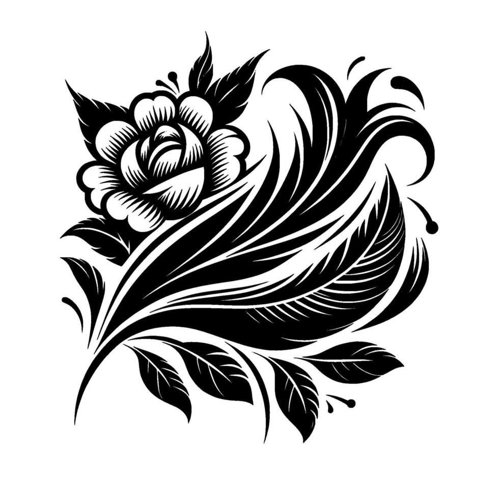 Elegant Black White Floral Intricate Rose with Flowing Leaves, a Stylized Botanical Illustration. vector