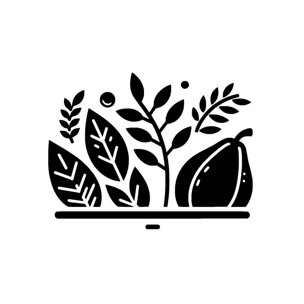 Minimalist Black and White Illustration of Harvest Elements Leaves, Berries, Stems, and a PearShaped Fruit vector