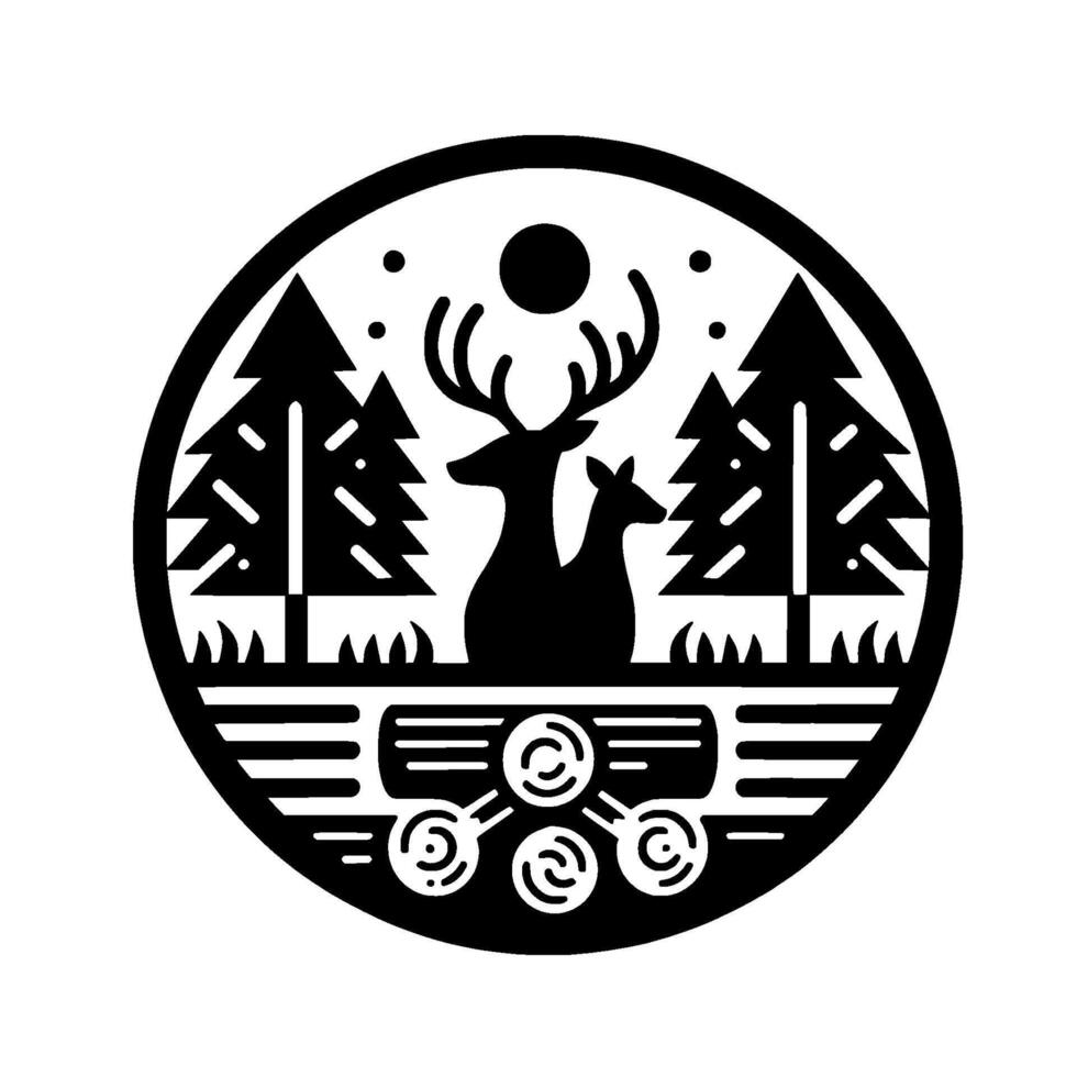 Stylized black and white circular emblem featuring a deer family in a forest scene with trees and geometric elements. vector