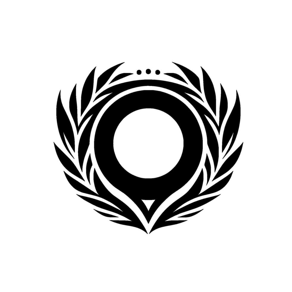 Bold monochrome emblem featuring a circular core and a laurel leaf crown, accented by three top dots and a stylized bottom point. vector