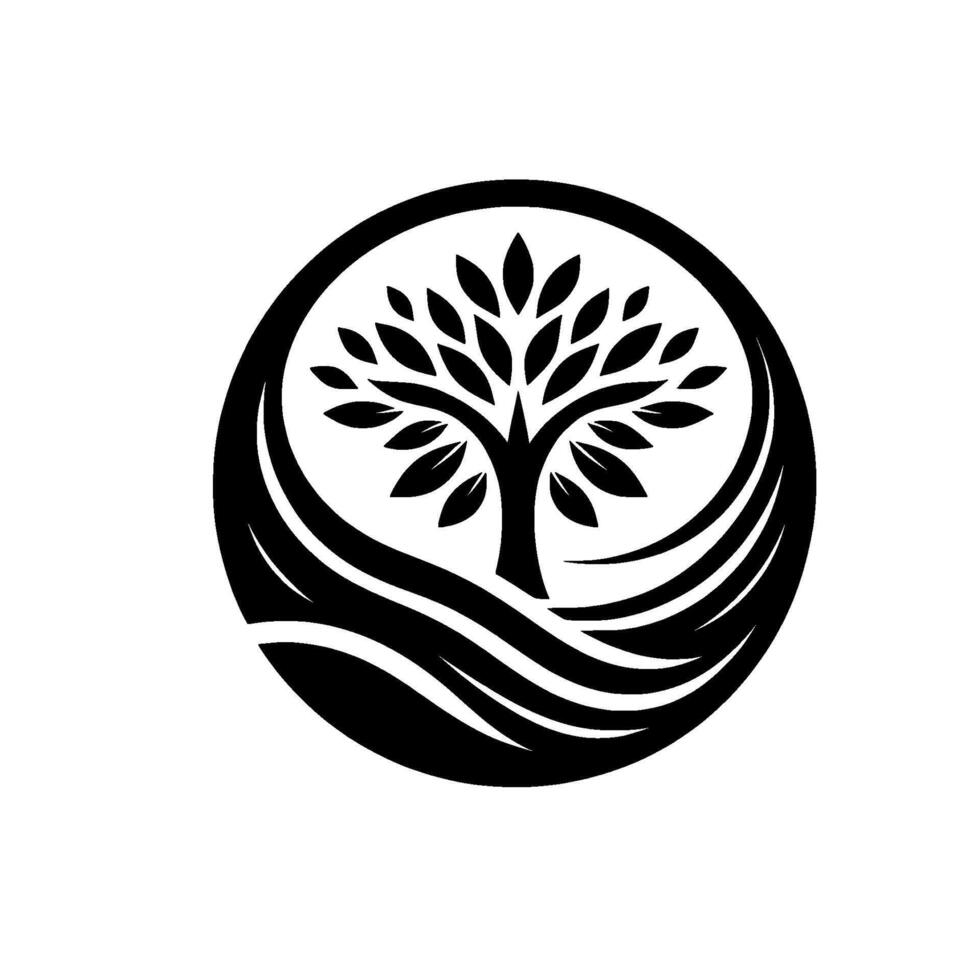 Stylized Black and White Tree within a Circle, featuring a modern, minimalist aesthetic and a sense of growth and balance. vector