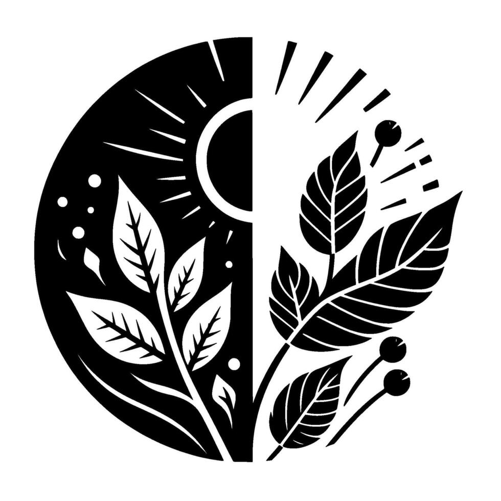 YinYang Circle of Life Black White Botanical Illustration depicting light darkness, with sun and leaves in a balanced composition. vector