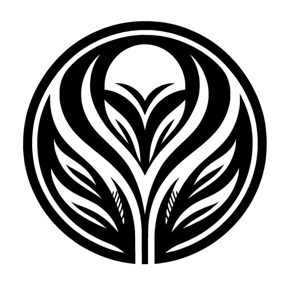 Stylized black and white floral emblem within a circle, featuring symmetrical leaf arrangements and a central element. vector