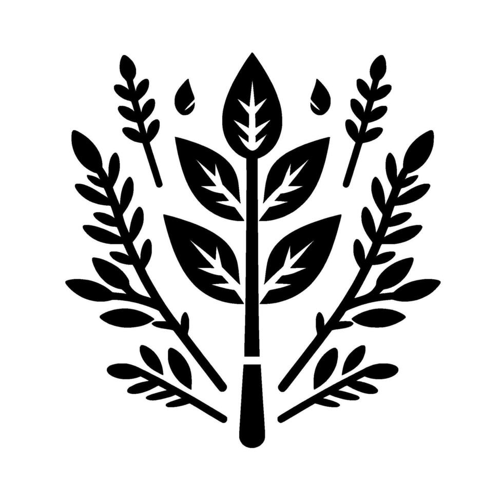 A symmetrical, stylized black and white botanical with a central plant, surrounded by sprigs and droplets. vector