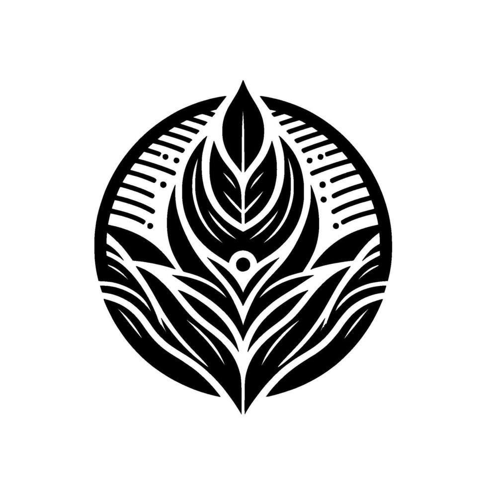 Circular Minimalist Symmetrical Floral Emblem in Black and White, with Stylized Leaves and Ornamental Detailing. vector