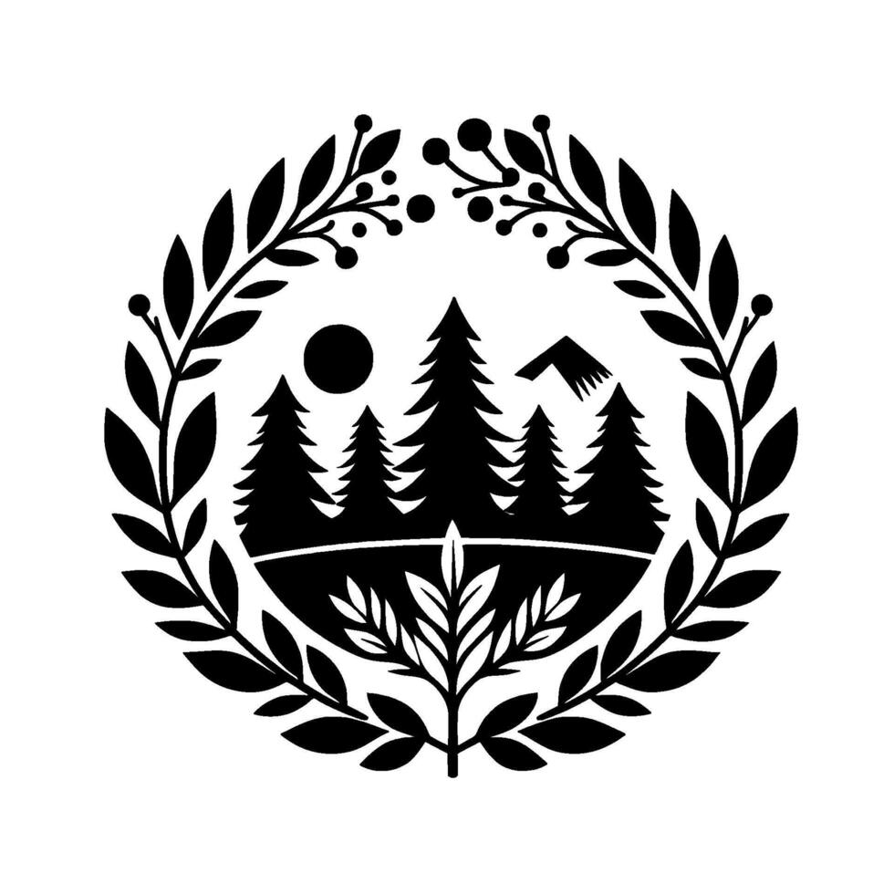 A monochrome emblem of forest, mountains and sun, encompassed by a laurel wreath, conveying natures tranquility. vector