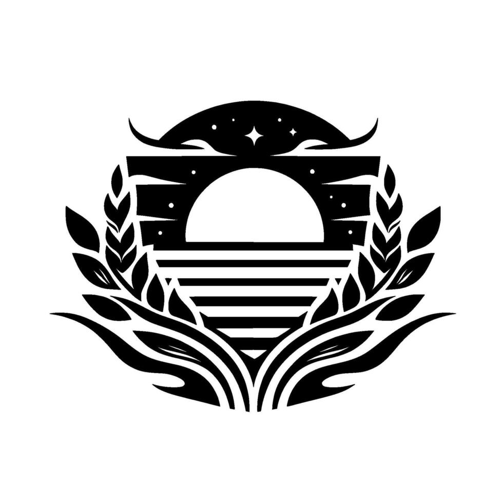 Geometric black and white with a sunrise, stars, and wheat or leaflike patterns, framed in a symmetric . vector