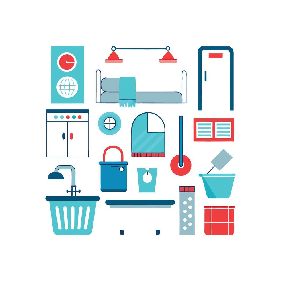 Stylized Bathroom Icons Including Bathtub Design vector