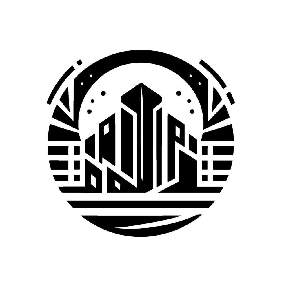 Black White Art Deco Emblem Geometric Cityscape within Circular Frame, Abstract . vector