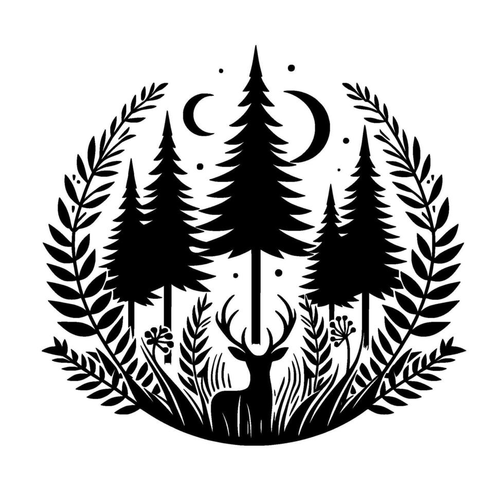 Black and White Circular Forest Silhouette Deer, Evergreen Trees, Crescent Moons, and Foliage Embrace Natures Serenity. vector