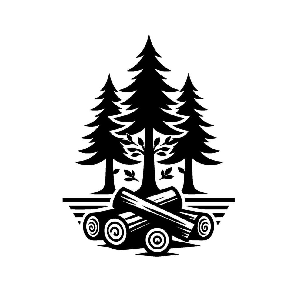 Black and white camping emblem featuring stylized evergreen trees, firewood logs, and a minimalist nature scene illustration. vector