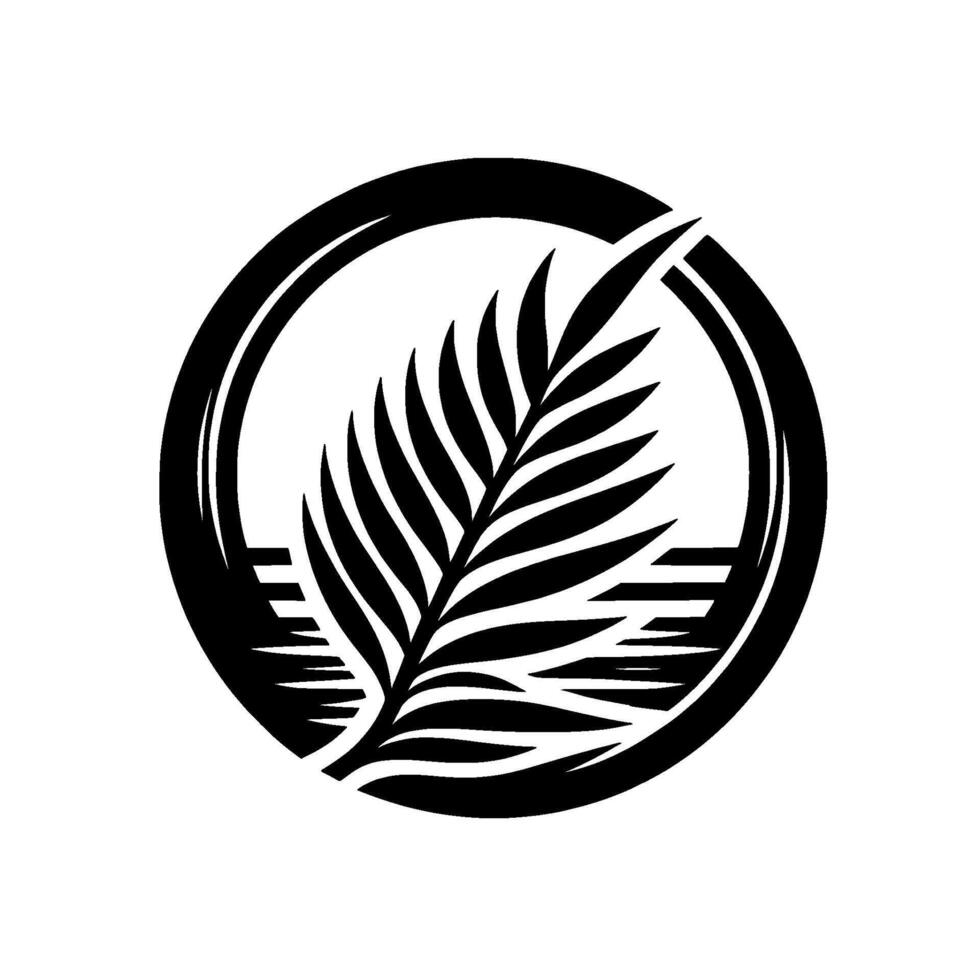 A stylized black and white featuring a palm leaf nestled within a circle, with abstract horizontal lines below, suggestive of water or a horizon. vector
