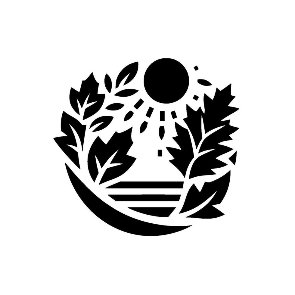 Minimalist Circular Emblem Sun Radiating Over Leaves Horizon, Bold Black and White . vector