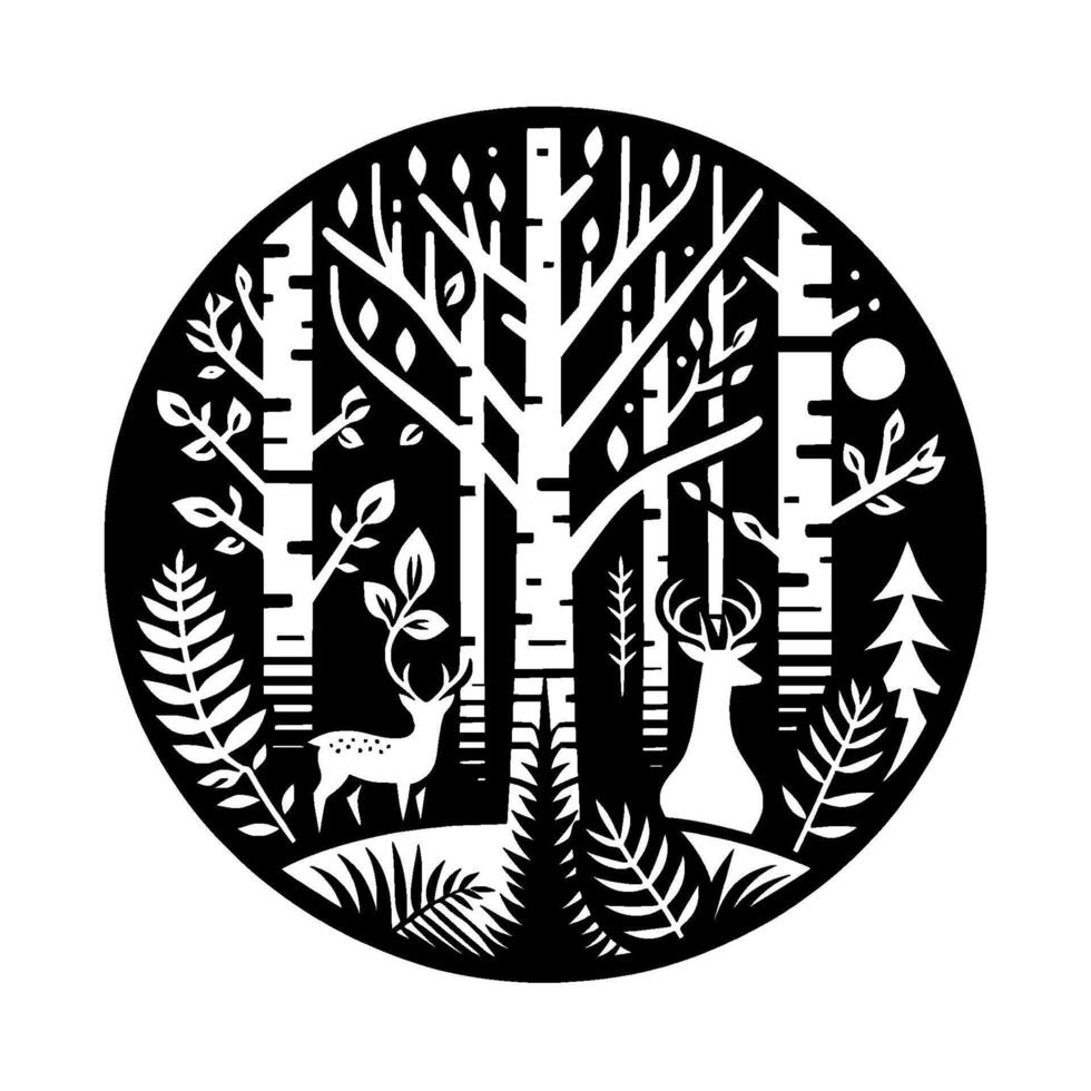 Intricate Black and White Paper Cut Illustration of Forest Scene with Birch Trees, Deer, and Moon in a Circle. vector