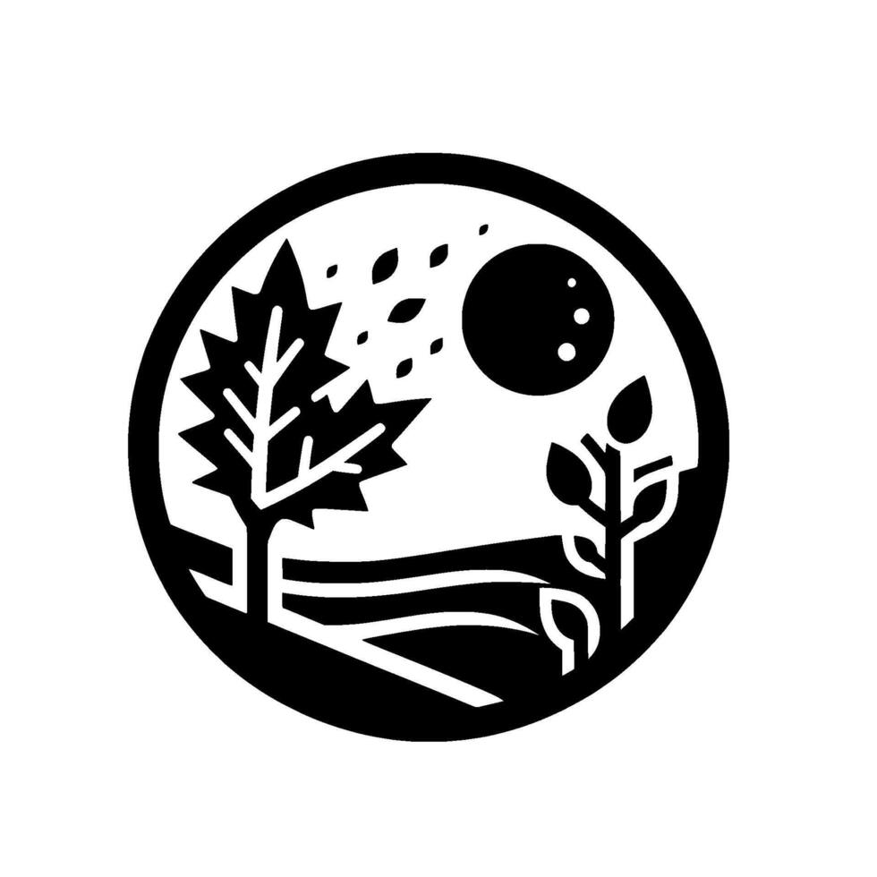 Black White Minimalist Circular Illustration Tree Moon Landscape with Falling Leaves, Clean vector