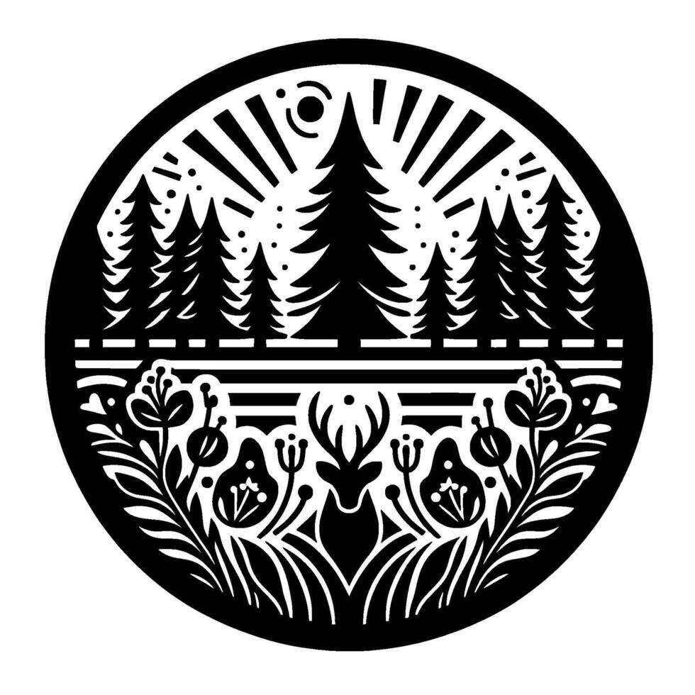 Circular Black and White Silhouette Forest Scene with Deer, Trees, Sunburst, and Floral Elements. vector