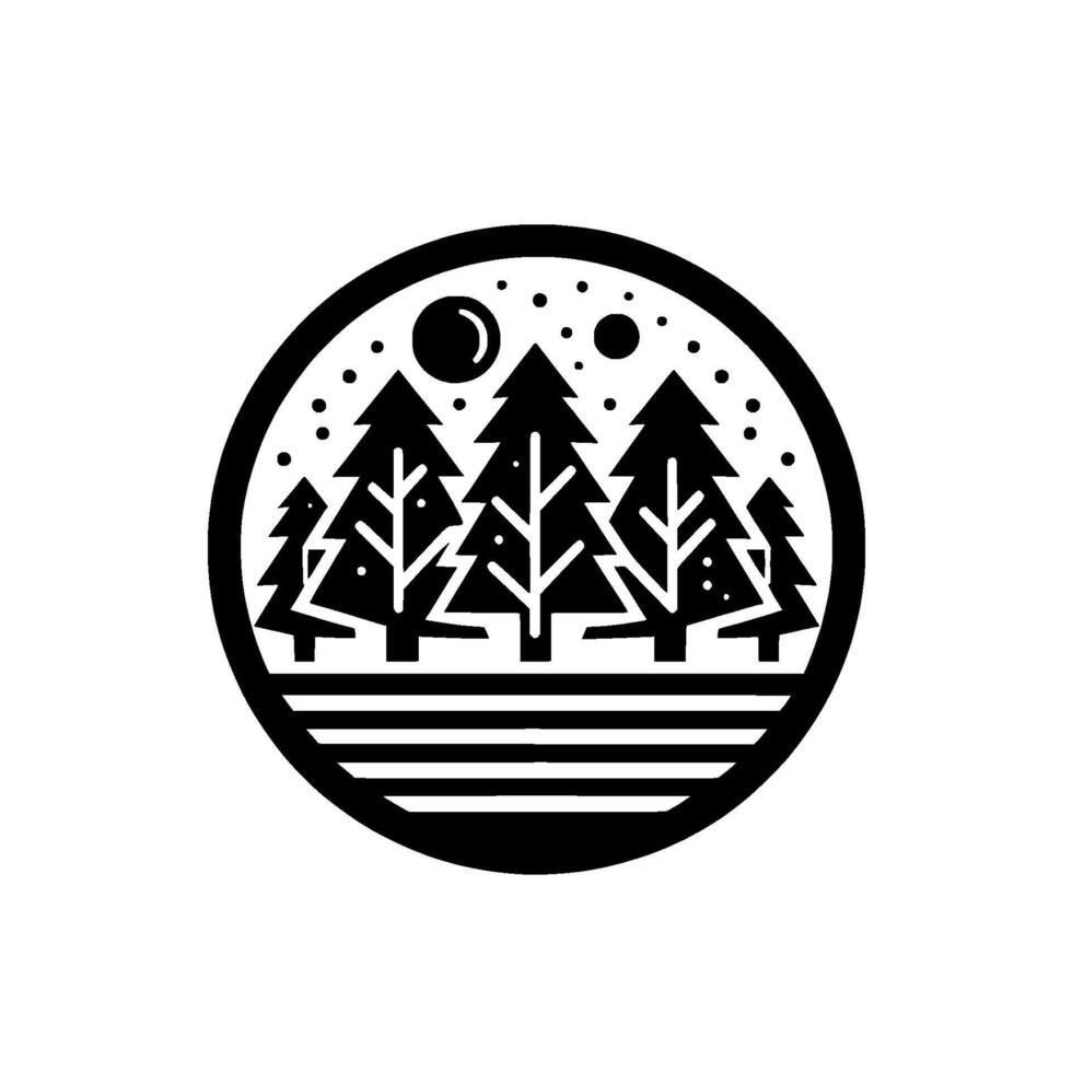 A serene, minimalist, and stylized circular emblem depicting a silhouetted forest scene under a starry sky with celestial bodies and a textured foreground, evoking tranquility. vector