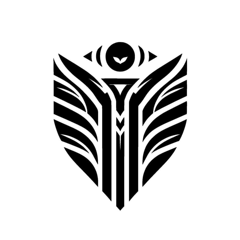 Abstract, symmetrical black emblem on a white background, featuring shield shape with winglike forms, a central , and an eye motif. vector