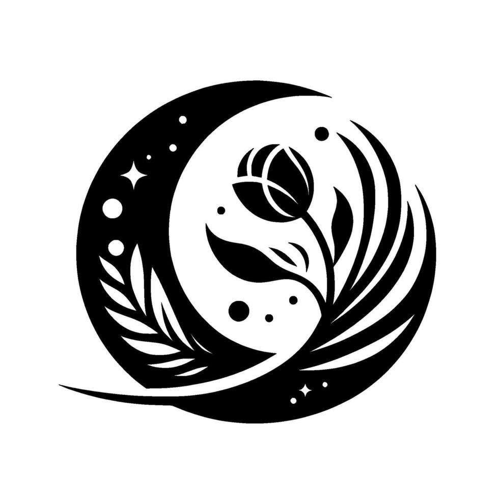 Black White Celestial Bloom Moon crescent embraces a stylized rose, encompassed by leaves stars, minimalist illustration. vector