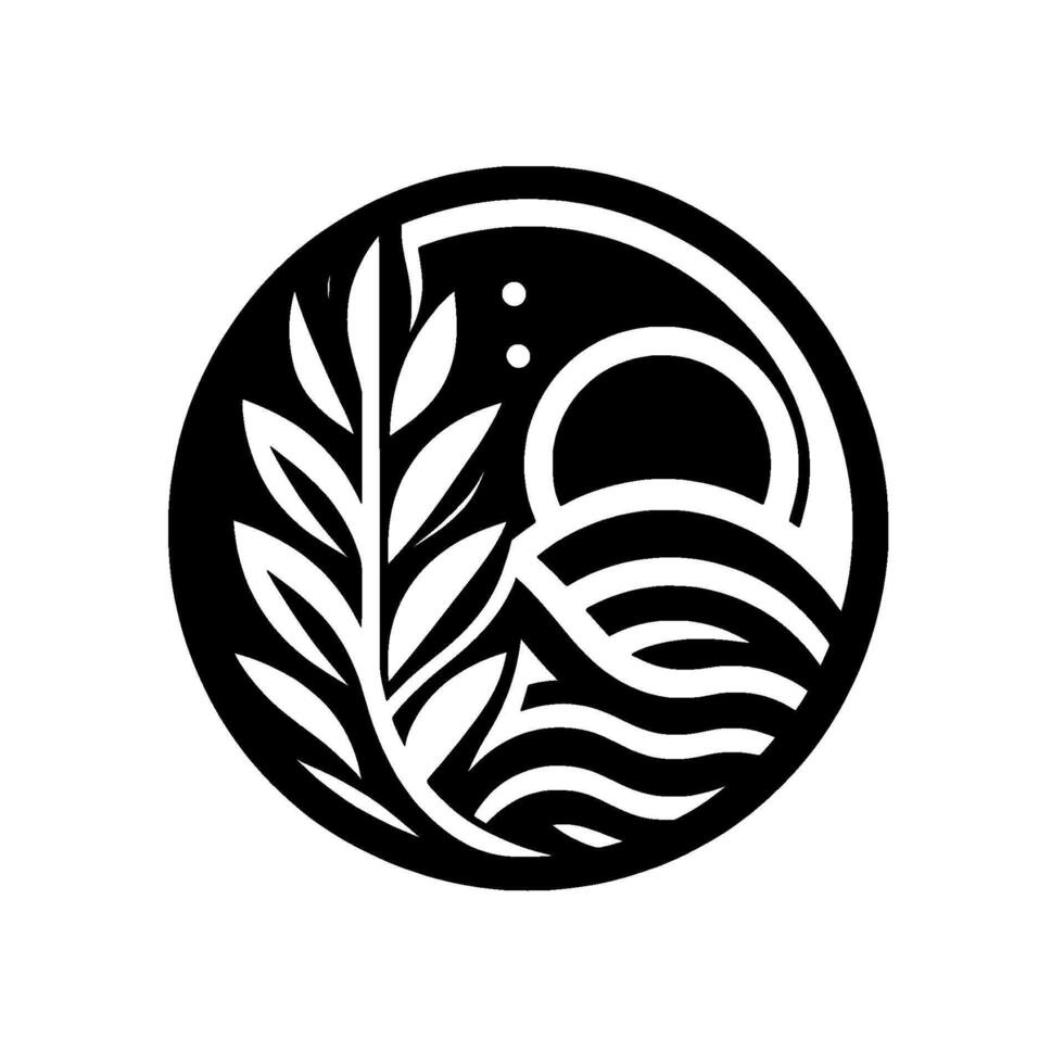 Minimalist Black and White Circular Emblem Depicting Leafy Branch, Mountains, Sun, and Water Waves, Evoking Natures Harmony. vector