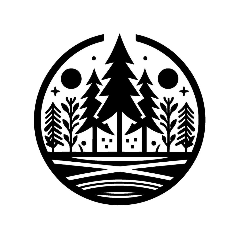 Minimalist Black and White Silhouette of a Forest Scene Within a Circular Frame, Depicting Trees, Sun, and Natures Harmony. vector