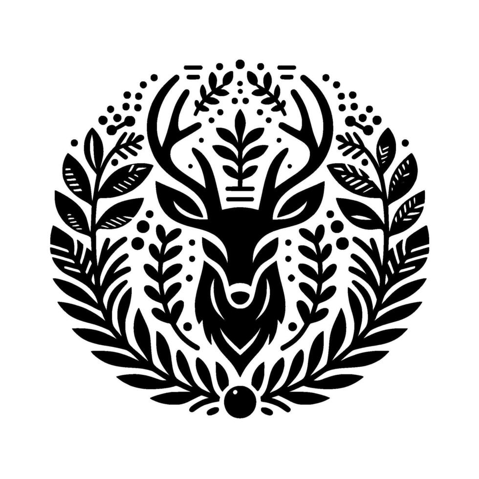 Black and white minimalist illustration of a deer head surrounded by leaves and berries, circular , natureinspired. vector