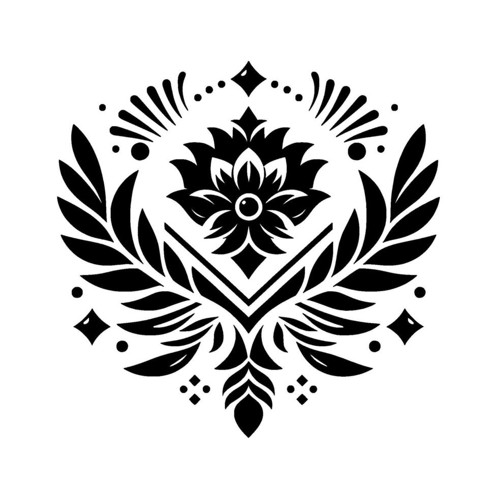 Symmetrical Black and White Floral Ornament with Diamond, Dot, and Leaf Motifs, on a White Background. vector